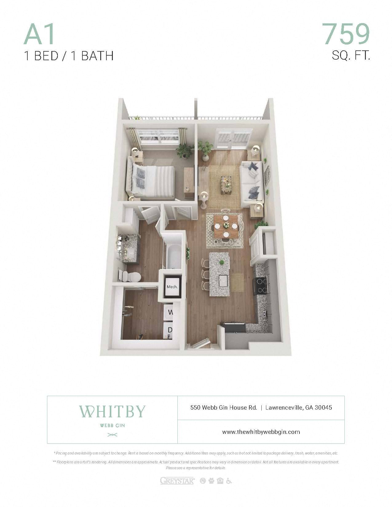 Floor plan for 1 bed, 1 bath, 759 sqft